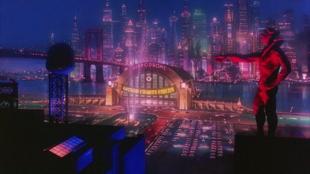 Gotham City illuminata dai neon in Batman Forever (1995).