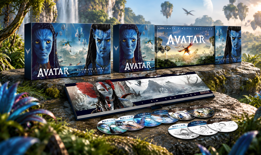 Avatar Ultimate 3-Movie Collection 4K Ultra HD con cofanetto, libro illustrato e nove dischi.